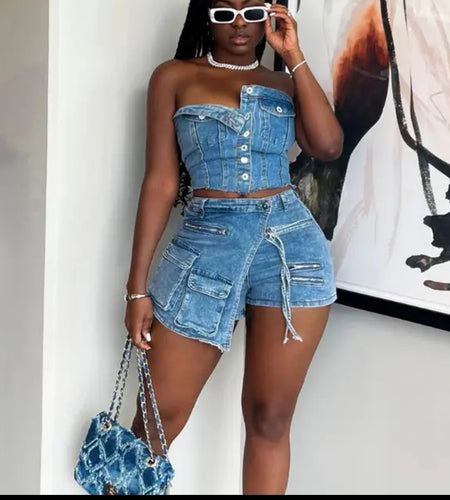 (Free Shipping)(Tariffs included in price) Women's Sexy 2-Piece Denim Button Tube Top Cargo Pockets Skirt Set