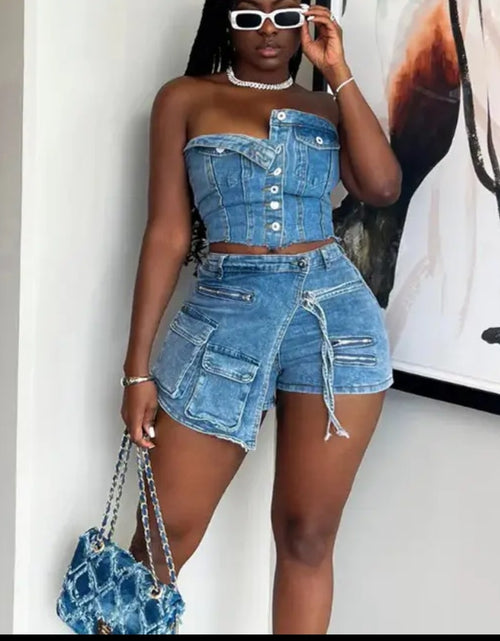 Load image into Gallery viewer, (Free Shipping)(Tariffs included in price) Women's Sexy 2-Piece Denim Button Tube Top Cargo Pockets Skirt Set
