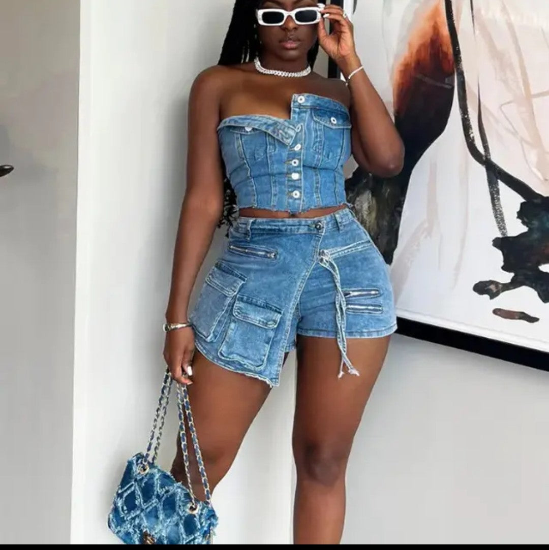 (Free Shipping)(Tariffs included in price) Women's Sexy 2-Piece Denim Button Tube Top Cargo Pockets Skirt Set