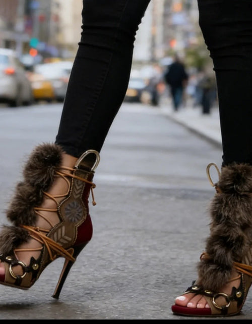 Load image into Gallery viewer, (Free Shipping) Fluffy Fur Decorated Cross Laced Wide Fit Metal Elements High Heels
