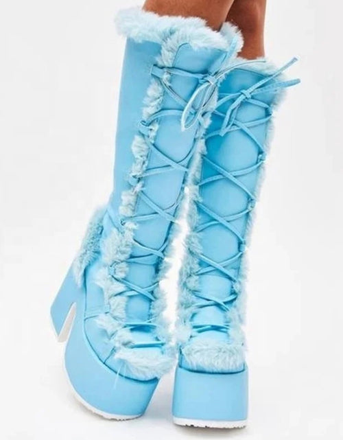 Load image into Gallery viewer, (Free Shipping) Women's Western Thick Chunky Heels Long Lace Up Furry Round Toe Platform Knee High Boots
