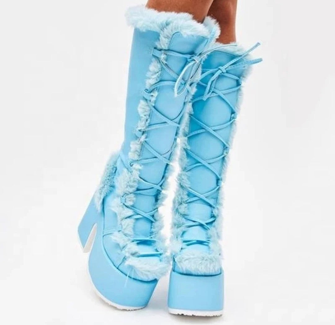 (Free Shipping) Women's Western Thick Chunky Heels Long Lace Up Furry Round Toe Platform Knee High Boots