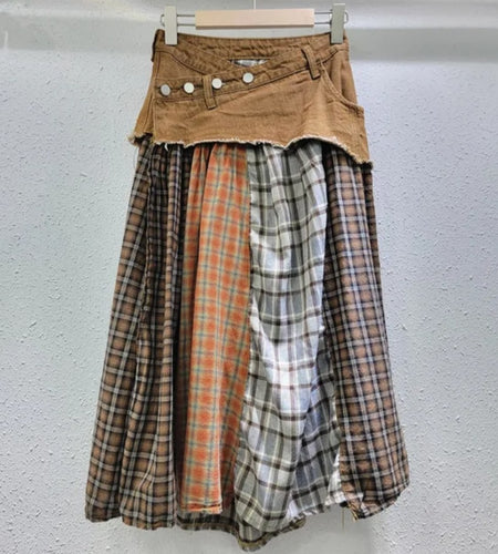 (Free Shipping)(Tariffs included in price) Irregular High Waist Casual Jean Plaid Skirt Women Long Denim Skirt