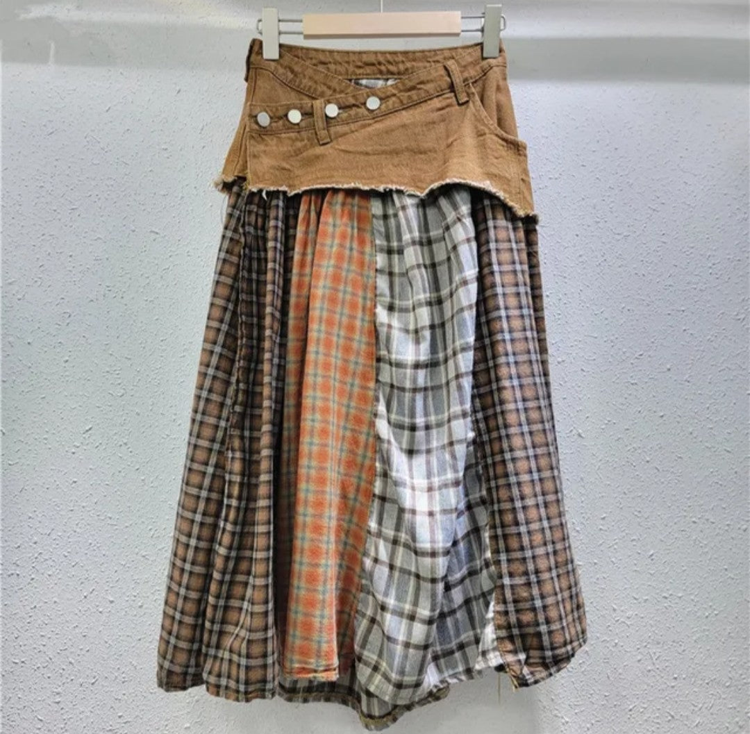 (Free Shipping)(Tariffs included in price) Irregular High Waist Casual Jean Plaid Skirt Women Long Denim Skirt