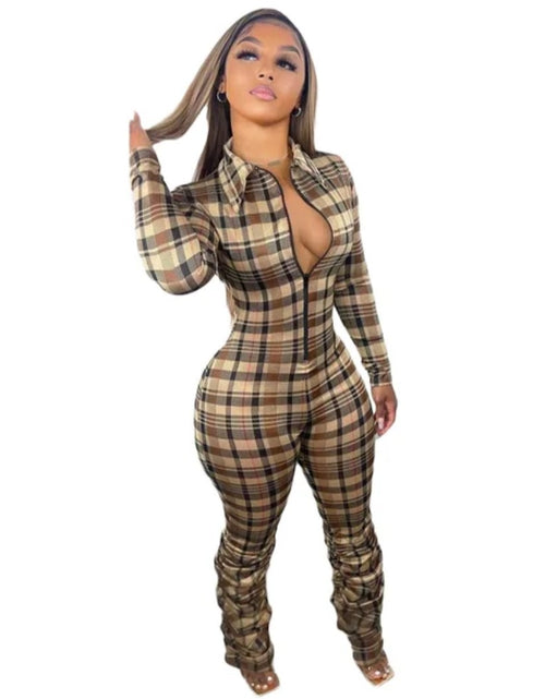 Load image into Gallery viewer, (Free Shipping)(Tariff included in price) Summer jumpsuit for women trendy plaid pattern high waistline, skinny fit, and zipper detail.
