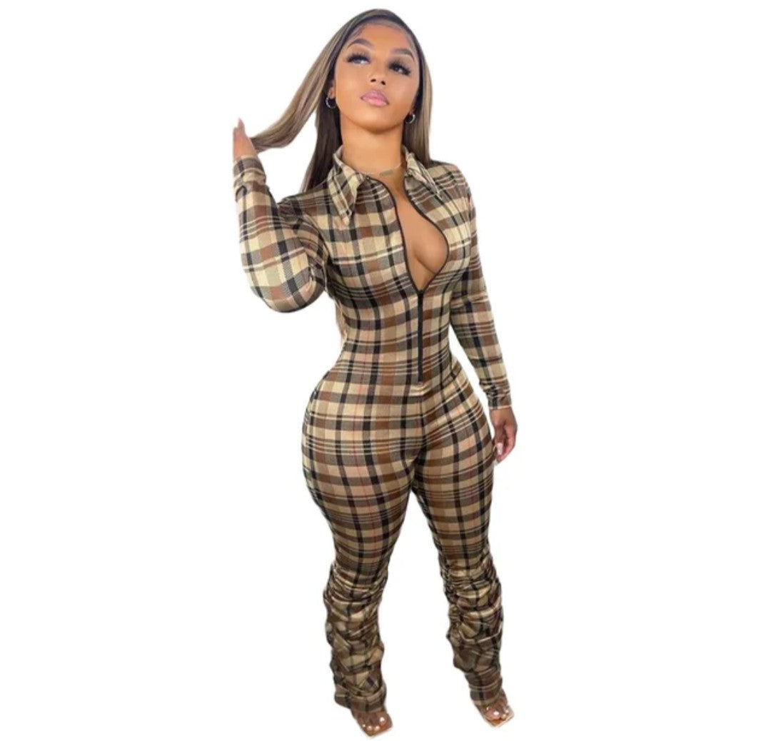 (Free Shipping)(Tariff included in price) Summer jumpsuit for women trendy plaid pattern high waistline, skinny fit, and zipper detail.