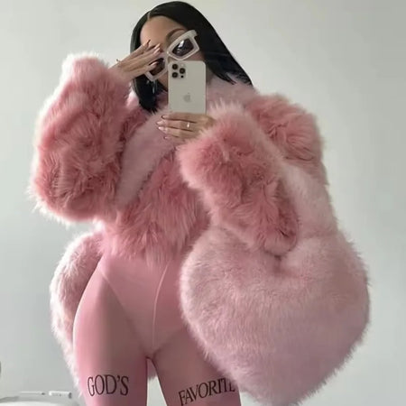 (Free Shipping)(Tariffs included in price) Fuax Fur Feather Love Heart Shaped Underarm Bag Ladies Trendy Long Tassel Plush Shoulder Bag Large Capacity Tote Handbag