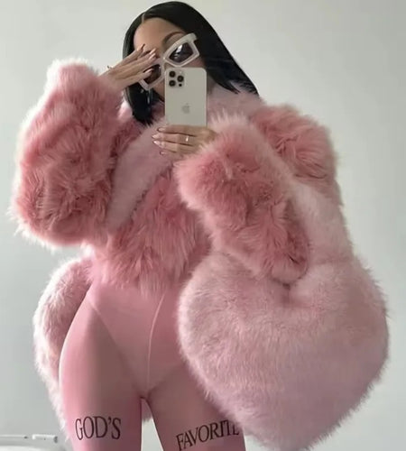 (Free Shipping)(Tariffs included in price) Fuax Fur Feather Love Heart Shaped Underarm Bag Ladies Trendy Long Tassel Plush Shoulder Bag Large Capacity Tote Handbag