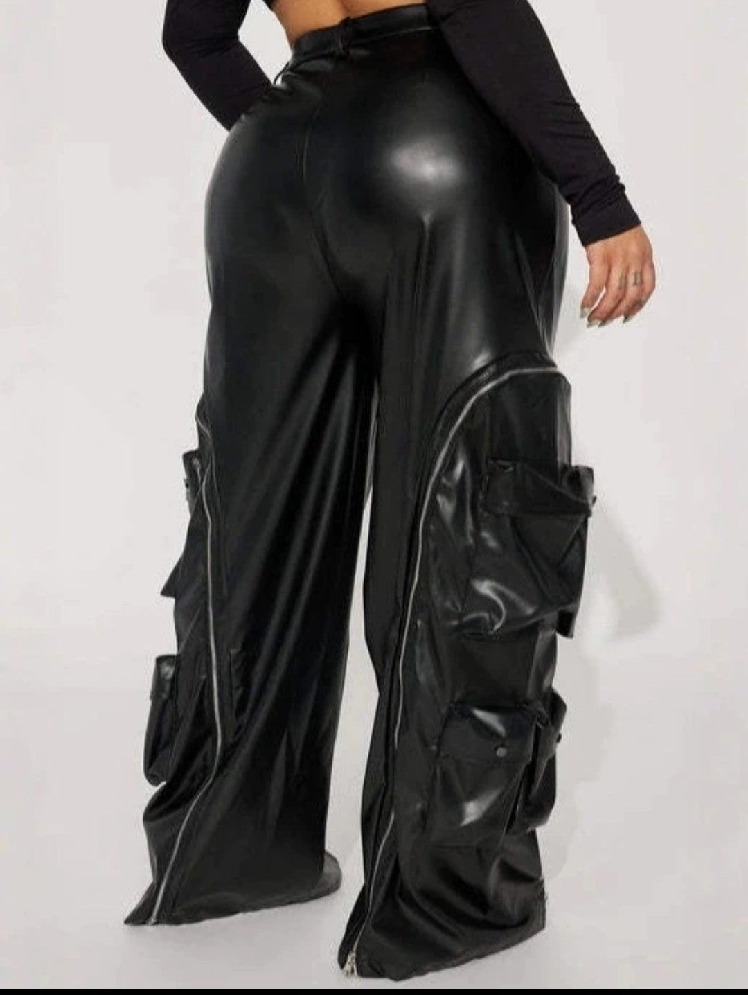 (Free Shipping)(Tariffs included in price)Solid Loose Zipper Detachable Pockets Pant for Women High Waist Pu Leather Trousers