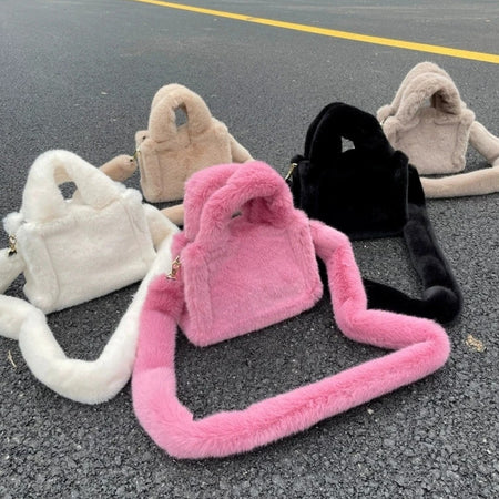 (Free Shipping) Women's Soft Plush Hand Bag Solid Color Tote Female Large Capacity Fur Underarm Bags Furry Fluffy Shoulder Crossbody Bag
