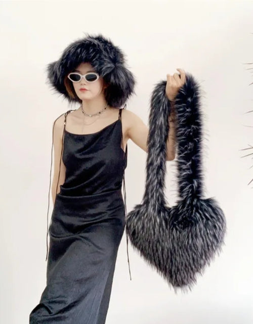 Load image into Gallery viewer, (Free Shipping)(Tariffs included in price)Designer Women's Luxury Furry Racoon Handbag Faux Fur Hat and Bag
