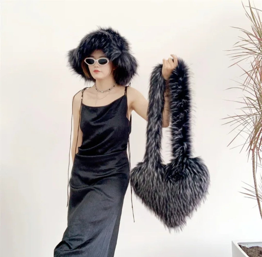 (Free Shipping)(Tariffs included in price)Designer Women's Luxury Furry Racoon Handbag Faux Fur Hat and Bag