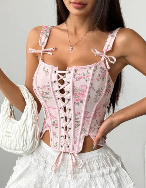 Load image into Gallery viewer, (Free Shipping)(Tariffs included in price) Cottagecore Coquette style floral print bustier top and cross back lace-up boning bow unique Crop Top

