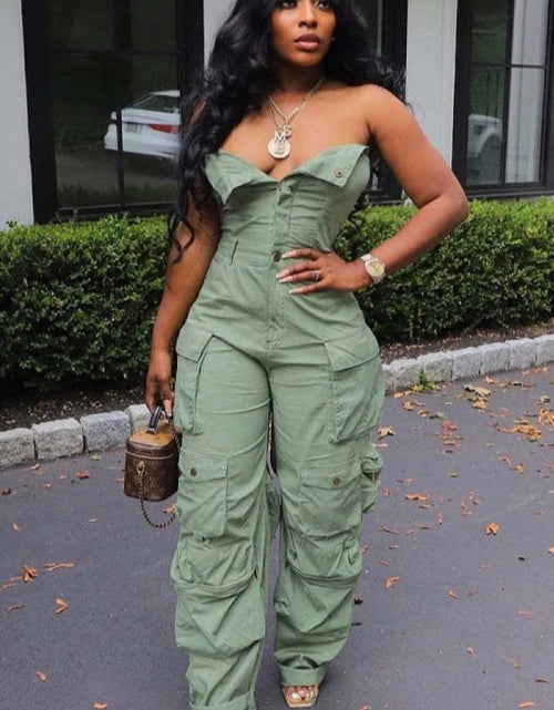 Load image into Gallery viewer, (Tariffs included in price) Plus Sizes available. Women's Romper style cargo pants jumpsuit. Sleeveless design and high waistline.

