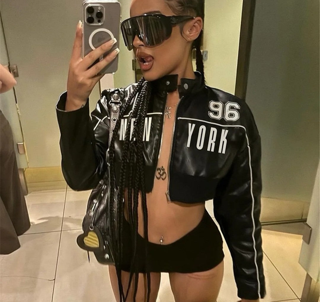 (Free Shipping)(Tariffs included in price) Fall Winter PU Leather Women's Coats Crop Top Cool Girls Motorcycle Jacket