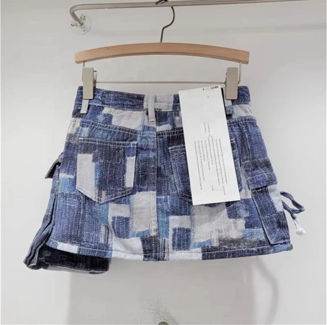 (Free Shipping) Women's denim mini skirt contrasting color multiple pocket patchwork cargo mini skirt