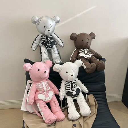 (Free Shipping)(Tariffs included in price) Funny Skeleton Bear Backpack PU Leather Artistic Personality Thriller Single Shoulder Crossbody Backpack Halloween Backpacks