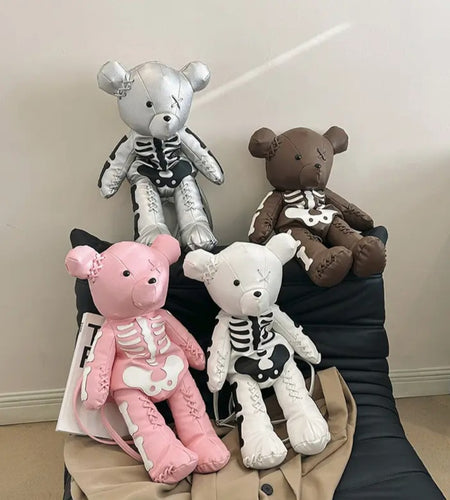 (Free Shipping)(Tariffs included in price) Funny Skeleton Bear Backpack PU Leather Artistic Personality Thriller Single Shoulder Crossbody Backpack Halloween Backpacks