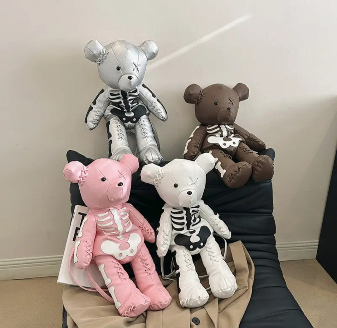 (Free Shipping)(Tariffs included in price) Funny Skeleton Bear Backpack PU Leather Artistic Personality Thriller Single Shoulder Crossbody Backpack Halloween Backpacks