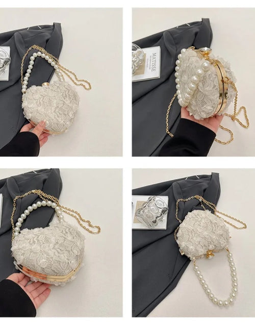 Load image into Gallery viewer, (Free Shipping)(Tariffs included in price) Luxury Lace Flower Heart Shape Pearl Handle Clutch Purse Diamond Evening Wedding Party Shoulder Bag Handle Rose Floral Handbags
