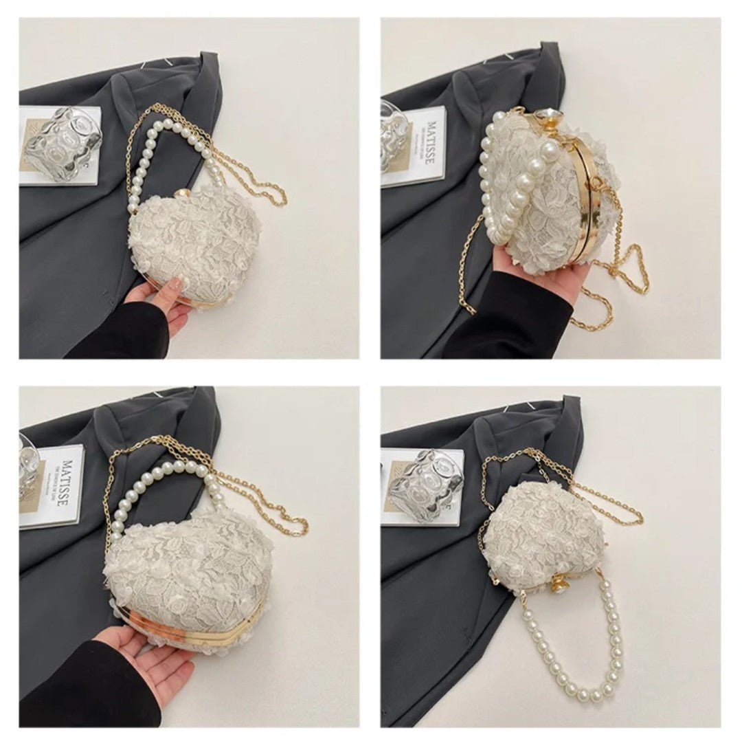 (Free Shipping)(Tariffs included in price) Luxury Lace Flower Heart Shape Pearl Handle Clutch Purse Diamond Evening Wedding Party Shoulder Bag Handle Rose Floral Handbags
