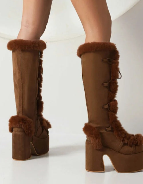Load image into Gallery viewer, (Free Shipping) Women's Western Thick Chunky Heels Long Lace Up Furry Round Toe Platform Knee High Boots
