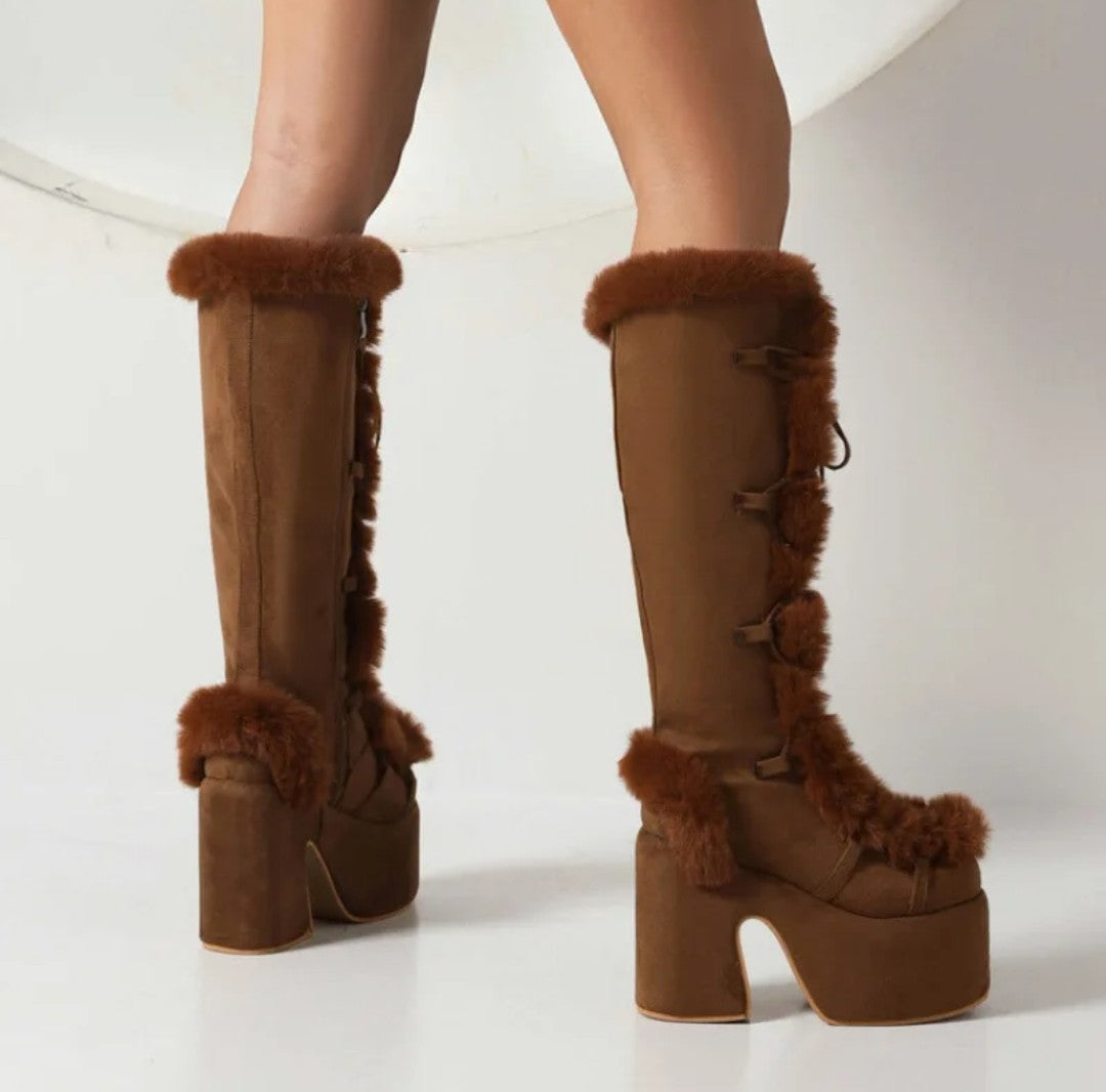 (Free Shipping) Women's Western Thick Chunky Heels Long Lace Up Furry Round Toe Platform Knee High Boots