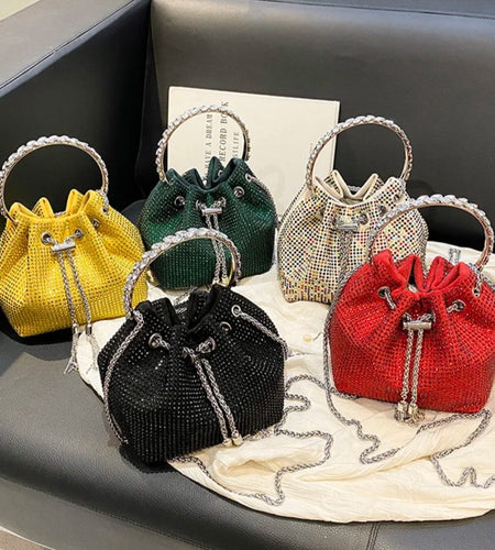 (Free Shipping)(Tariffs included in price) Women's Rhinestone Bucket Handbag With Zipper Enclosure Circular Metal Handle With Cross Body Chain