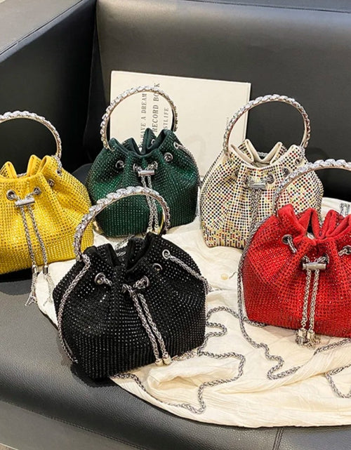 Load image into Gallery viewer, (Free Shipping)(Tariffs included in price) Women's Rhinestone Bucket Handbag With Zipper Enclosure Circular Metal Handle With Cross Body Chain
