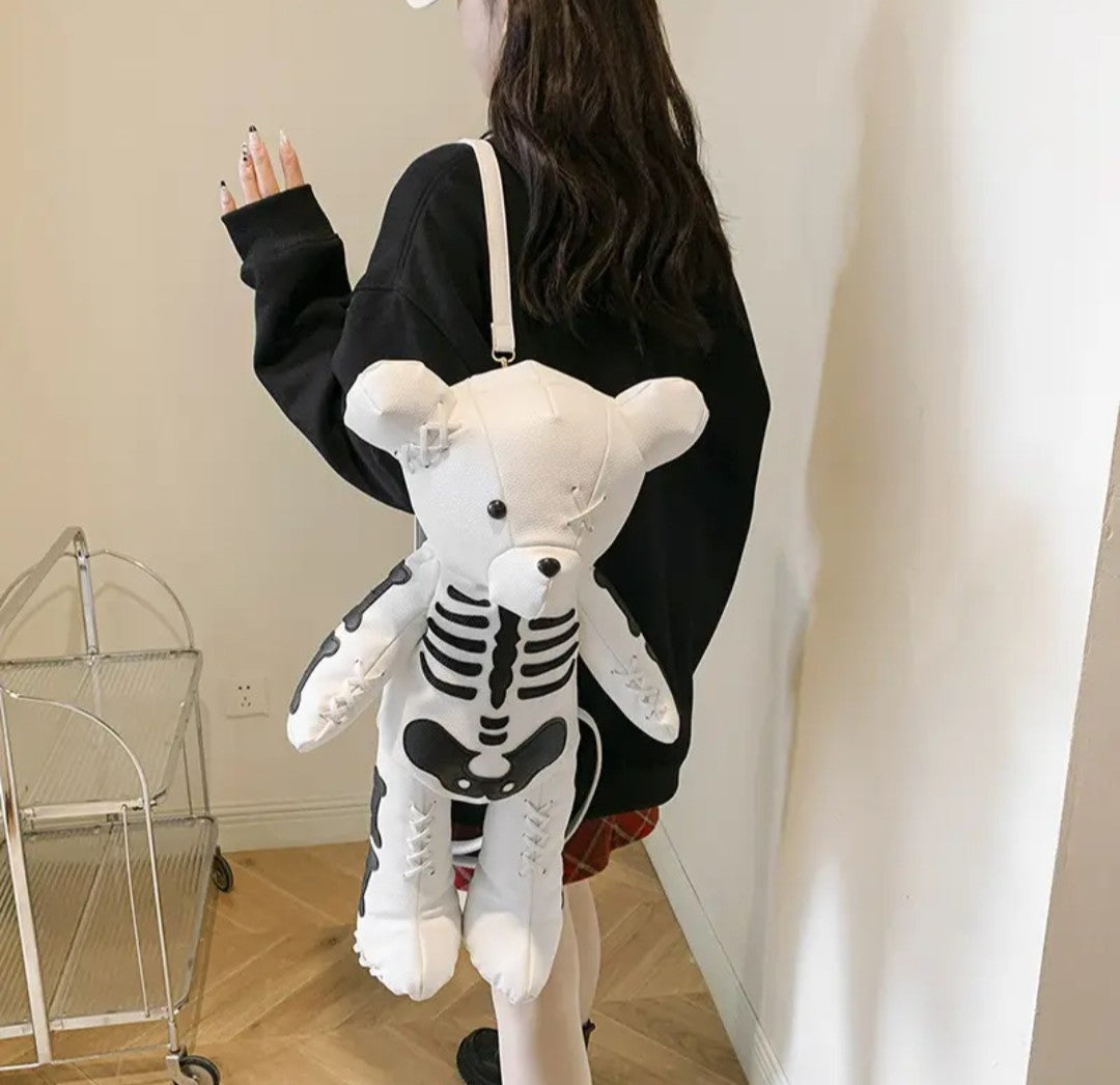 (Free Shipping)(Tariffs included in price) Funny Skeleton Bear Backpack PU Leather Artistic Personality Thriller Single Shoulder Crossbody Backpack Halloween Backpacks