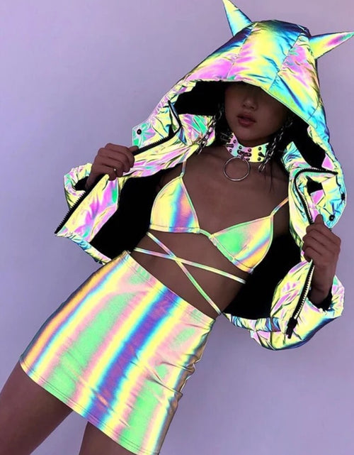 Load image into Gallery viewer, (Free Shipping)(Tariffs included in price) Winter Wear Crop Top Holographic Reflective Women Padding Jacket With Hood
