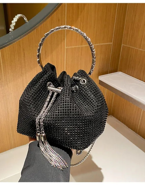 Load image into Gallery viewer, (Free Shipping)(Tariffs included in price) Women's Rhinestone Bucket Handbag With Zipper Enclosure Circular Metal Handle With Cross Body Chain
