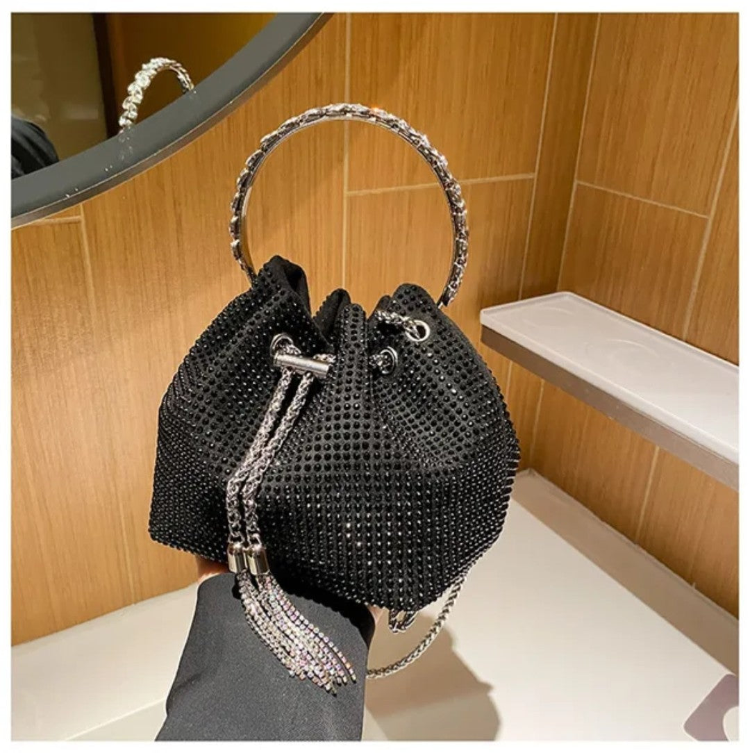 (Free Shipping)(Tariffs included in price) Women's Rhinestone Bucket Handbag With Zipper Enclosure Circular Metal Handle With Cross Body Chain