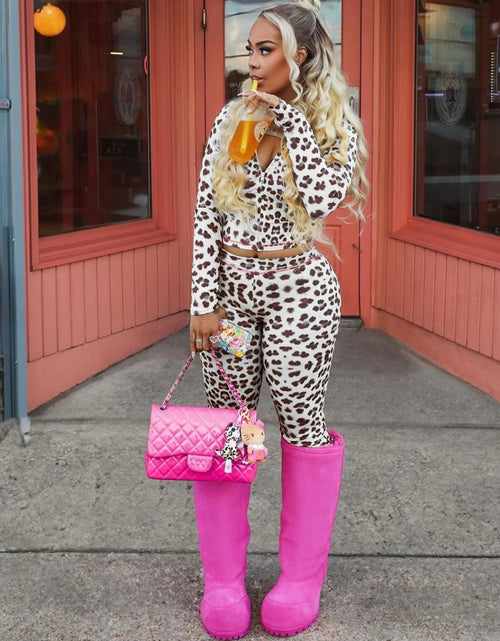 Load image into Gallery viewer, (Free Shipping)(Tariffs included in price) Leopard Print Hooded Two Piece Women Zip Up Long Sleeve And Skinny Pants Outfit
