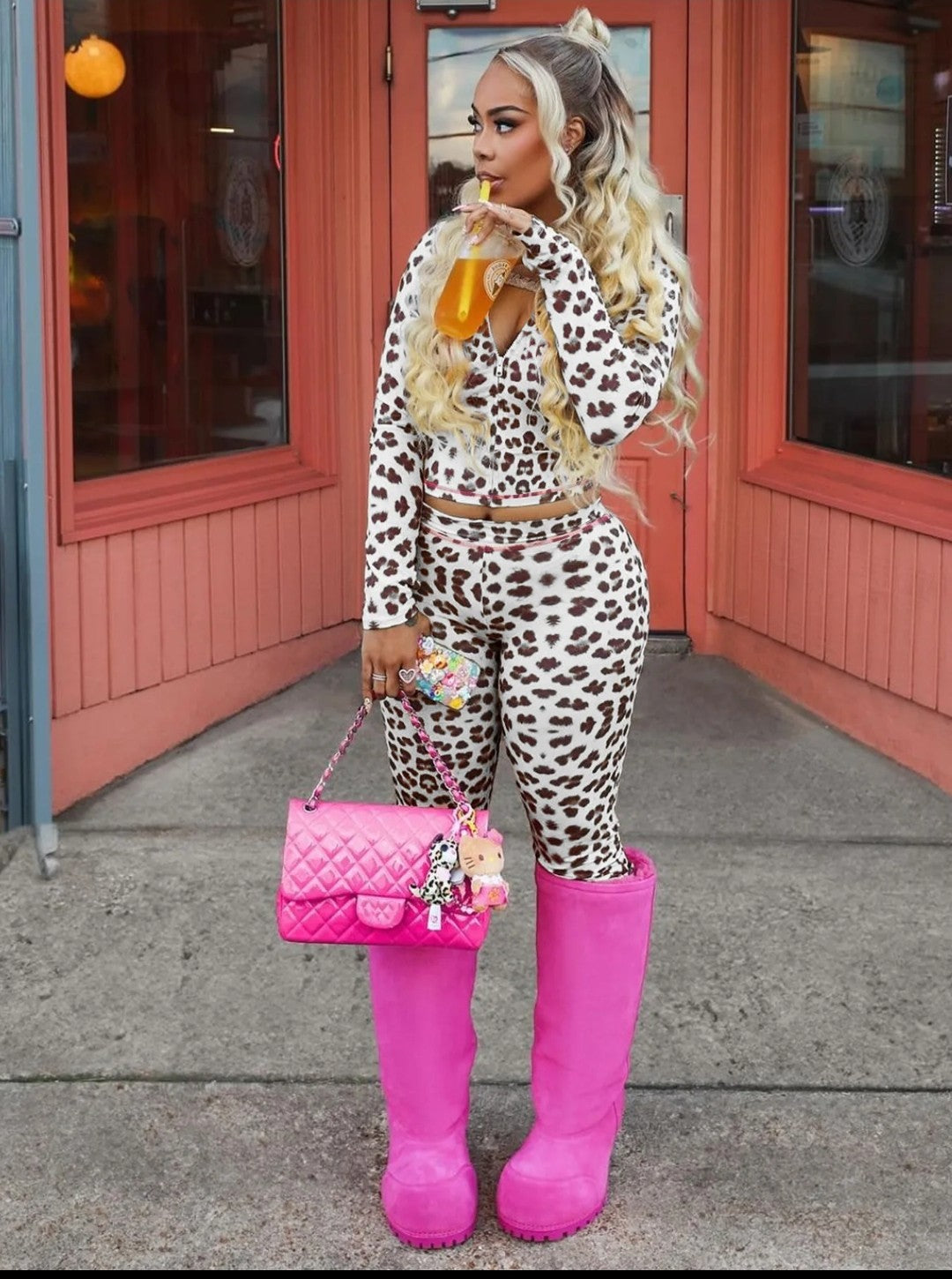 (Free Shipping)(Tariffs included in price) Leopard Print Hooded Two Piece Women Zip Up Long Sleeve And Skinny Pants Outfit