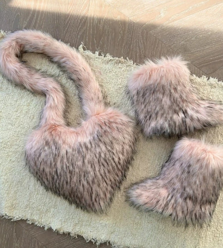 (Free Shipping)(Tariffs included in price) Fashion Forward Fur Shoulder Handbags Spicy Girls Faux Fur Boots and Bag Set Women Purse Furry Boots Matching Set