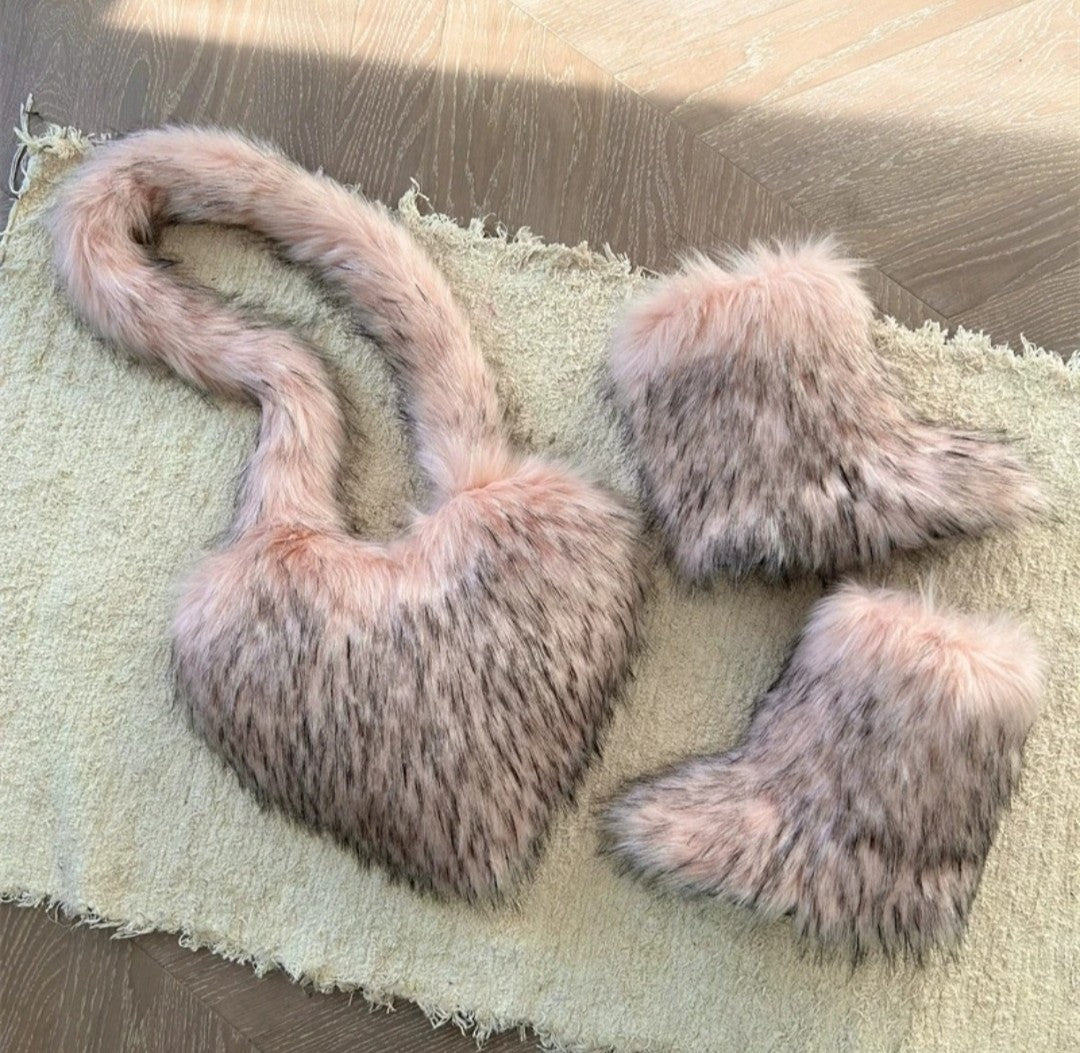 (Free Shipping)(Tariffs included in price) Fashion Forward Fur Shoulder Handbags Spicy Girls Faux Fur Boots and Bag Set Women Purse Furry Boots Matching Set