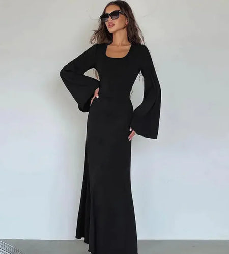 Fashion U-neck Dress Back Lace-up Long Bell Sleeve Dresses Women