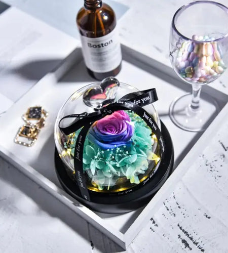Flowers in Heart Glass Dome with Led Light
