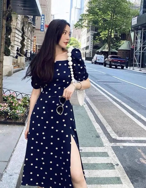 Load image into Gallery viewer, Square neck Polka Dots Slit Dress
