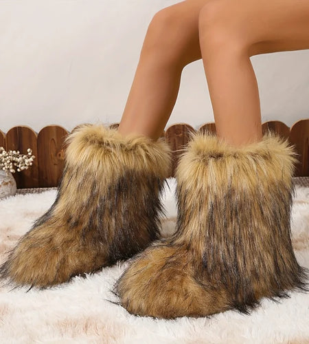 Raccoon Fur Plush Snow Boots