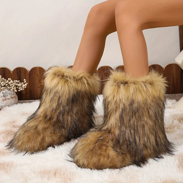 Raccoon Fur Plush Snow Boots