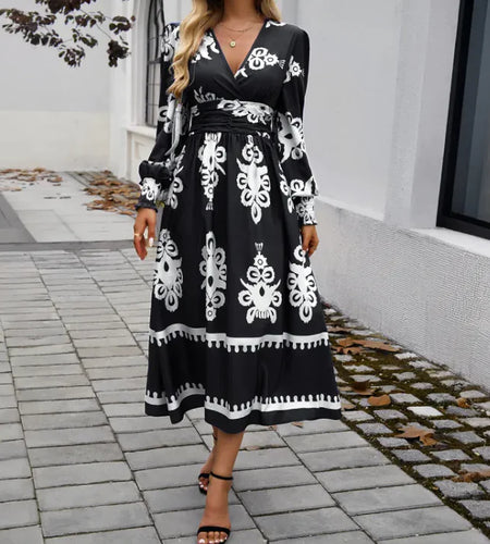 Contrast Print Long Sleeve Dress