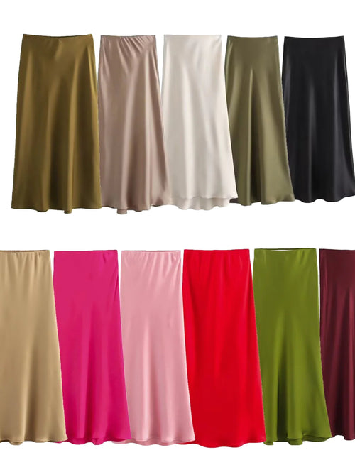 Load image into Gallery viewer, Women&#39;s Satin Pleated Midi Skirt
