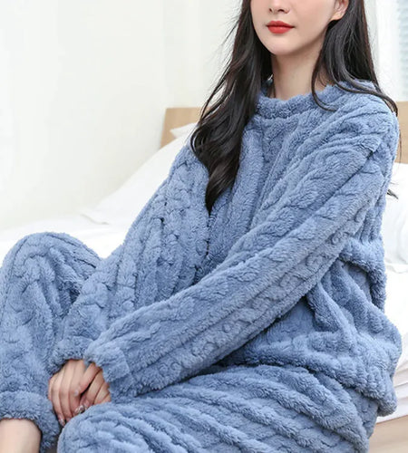 Winter Pajamas Sets Homewear Solid Color Loose Thickened Coral Velvet Pullover Long Sleeves And Trousers Warm Pajamas Indoor Outdoor Casual Clothes