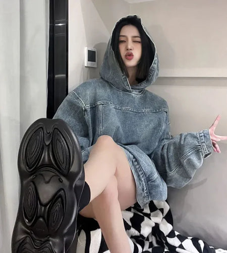 Retro Denim Hooded Sweater Women's Loose Mid-length Top
