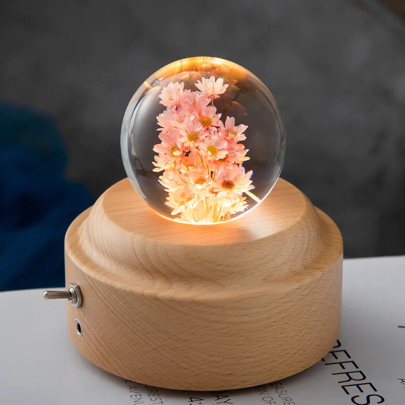 LED Flower Crystal Ball Night Light with Wooden Base