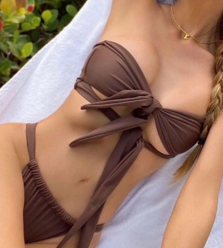 Hollow Out Solid Color Bandage Bikini Set