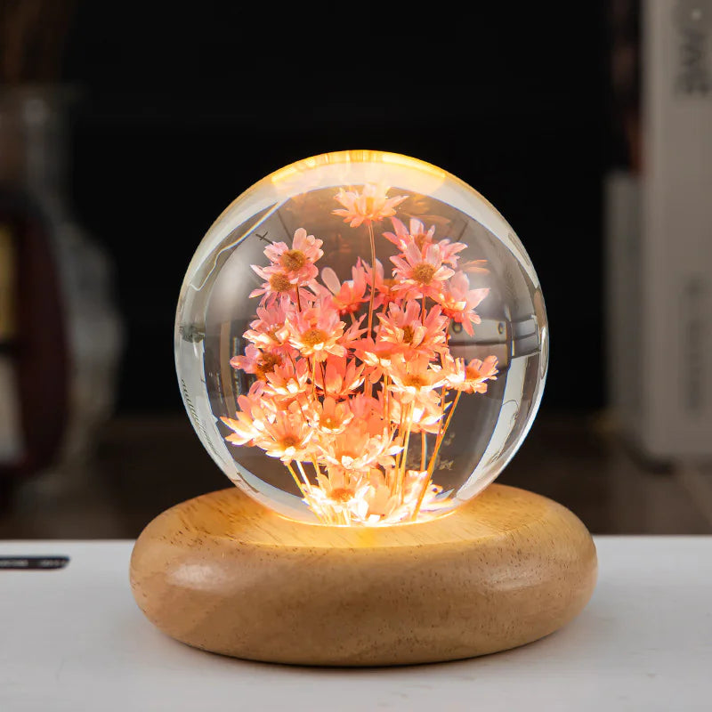 LED Flower Crystal Ball Night Light with Wooden Base