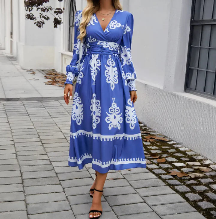 Contrast Print Long Sleeve Dress